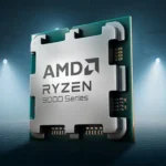 Procesor AMD Ryzen 9 950X3D cu tehnologie 3D V-Cache, prezentat într-o imagine detaliată.