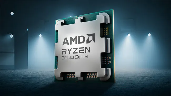 Procesor AMD Ryzen 9 950X3D cu tehnologie 3D V-Cache, prezentat într-o imagine detaliată.