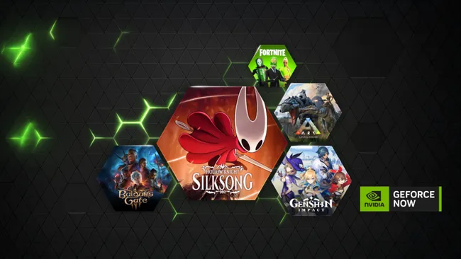 Interfață a serviciului de cloud gaming GeForce Now de la Nvidia, prezentând biblioteca de jocuri și opțiuni de acces pe diferite dispozitive.