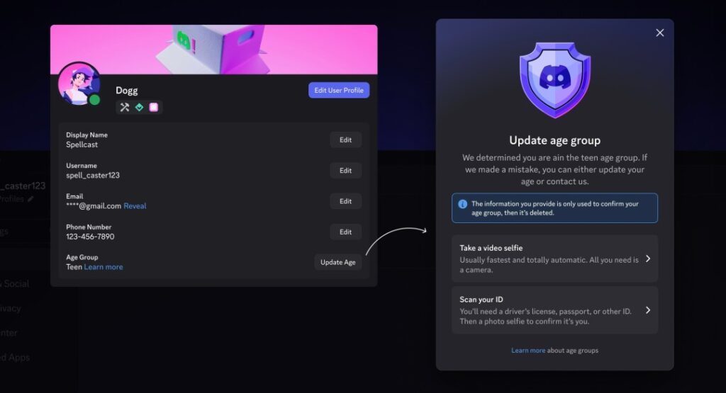 Captură de ecran din aplicația Discord care arată opțiunea de selectare a grupei de vârstă în setările profilului.
