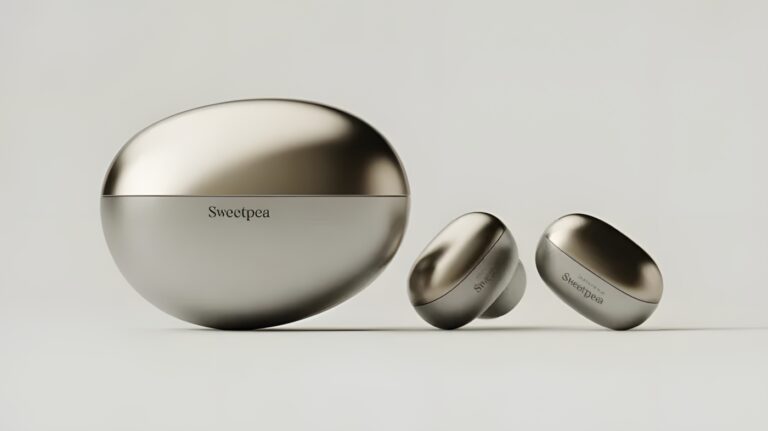 Căști wireless OpenAI Sweetpea, cu design elegant și tehnologie AI, prezentate pe un fundal neutru.