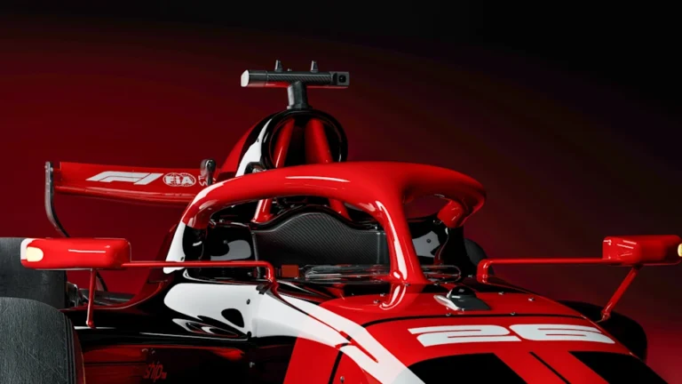 Monopost roșu de Formula 1 pentru 2026, cu sistemul Halo vizibil și design aerodinamic actualizat.