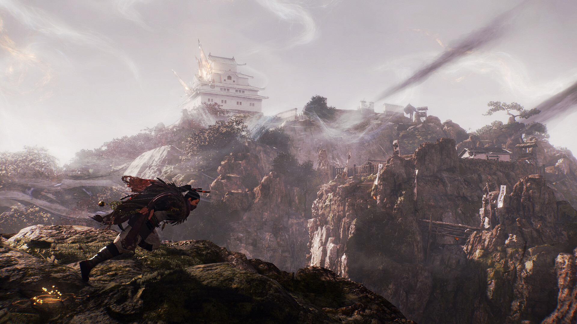 Captură de ecran din jocul Nioh 3, prezentând o luptă intensă într-un mediu fantastic cu elemente de luptă tactică și grafica detaliată.
