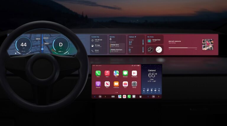 Display auto cu interfața Apple CarPlay afișată, incluzând aplicații precum hărți, telefon și muzică.