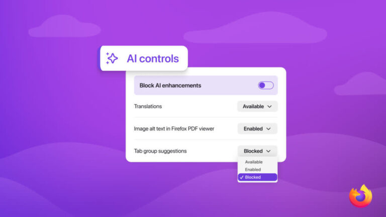 Captură de ecran a meniului Firefox cu opțiuni pentru dezactivarea funcțiilor AI, inclusiv setări de confidențialitate și personalizare.