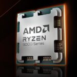 Procesor AMD Ryzen 9000 pentru desktop, ilustrat alături de logo-ul AMD, reprezentând creșterea cotei de piață în Q4 2025.