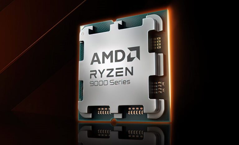 Procesor AMD Ryzen 9000 pentru desktop, ilustrat alături de logo-ul AMD, reprezentând creșterea cotei de piață în Q4 2025.