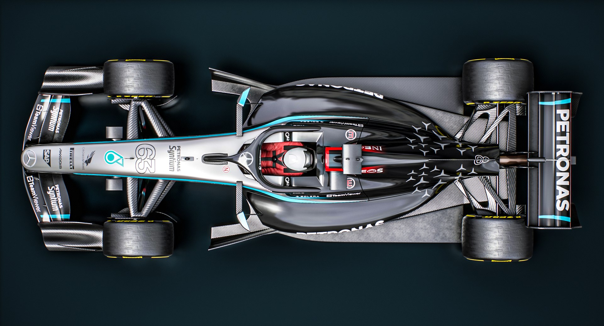 Vedere de sus a monopostului Mercedes Formula 1 2026, evidențiind designul aerodinamic și componentele tehnice ale modelului W17.