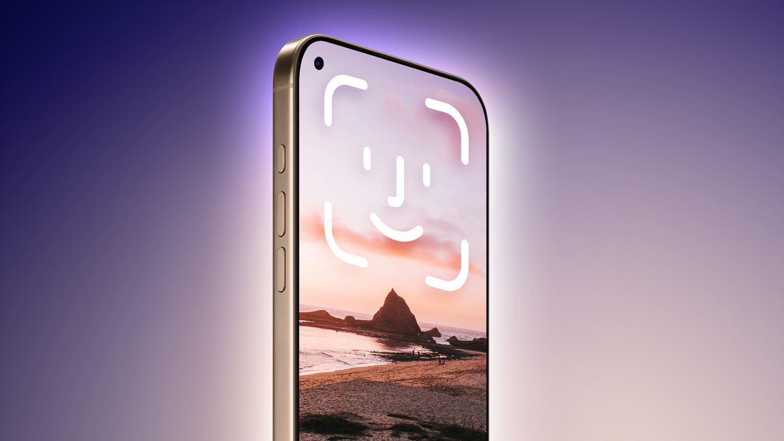 Concept iPhone 18 cu modul TrueDepth și senzor Face ID integrat într-o gaură în partea stângă-sus a ecranului, design purpuriu.