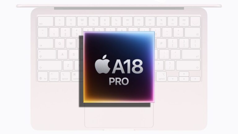 Concept MacBook Neo cu chipul Apple A18 Pro, evidențiind designul inovator pentru inteligența artificială și arhitectura avansată a procesorului.