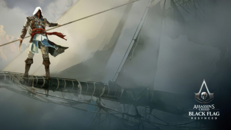 Imagine promoțională pentru Assassin’s Creed Black Flag Resynced, prezentând personajul Edward Kenway pe o navă piraterească, cu logo-ul jocului și textul oficial.