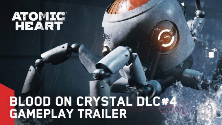 Trailer gameplay pentru DLC-ul „Blood on Crystal” al jocului Atomic Heart, prezentând elemente mecanice și atmosfera futuristă a jocului.