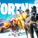 Ilustrație promoțională pentru revenirea jocului Fortnite pe Google Play Store pentru Android, prezentând personaje și elemente din universul Fortnite.