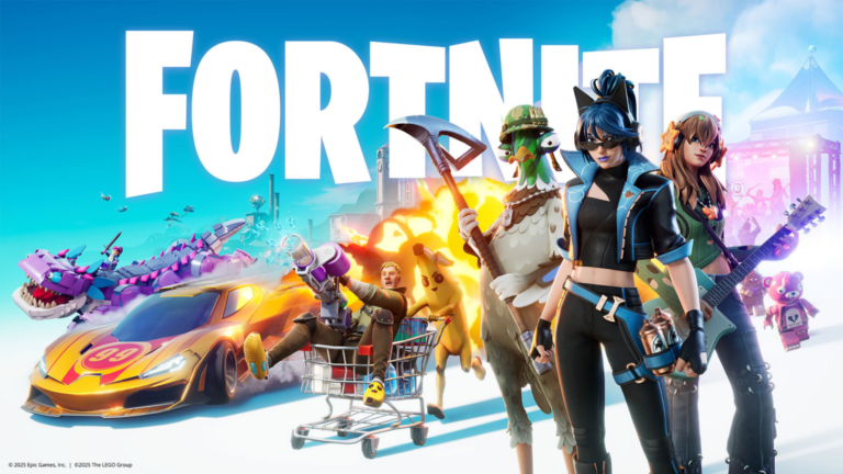 Ilustrație promoțională pentru revenirea jocului Fortnite pe Google Play Store pentru Android, prezentând personaje și elemente din universul Fortnite.
