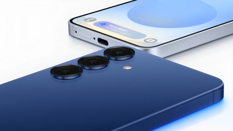 Smartphone Samsung Galaxy S26 FE și detaliu al modelului Galaxy S26 cu Exynos 2600, evidențiind diferențele de performanță în benchmark-uri.
