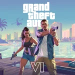 Protagoniștii jocului Grand Theft Auto VI, Jason și Lucia, pe un doc, înconjurați de elemente specifice seriei GTA, într-un peisaj urban tropical.