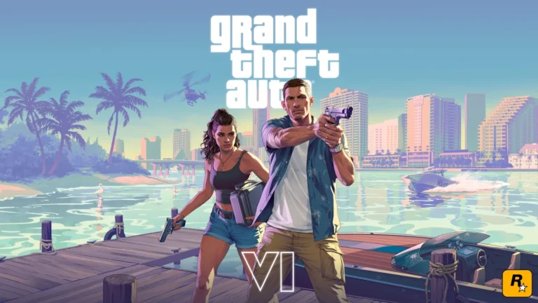 Protagoniștii jocului Grand Theft Auto VI, Jason și Lucia, pe un doc, înconjurați de elemente specifice seriei GTA, într-un peisaj urban tropical.